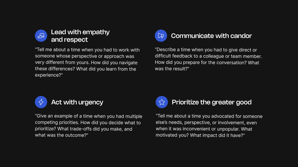 Example questions used to assess our values at Unity