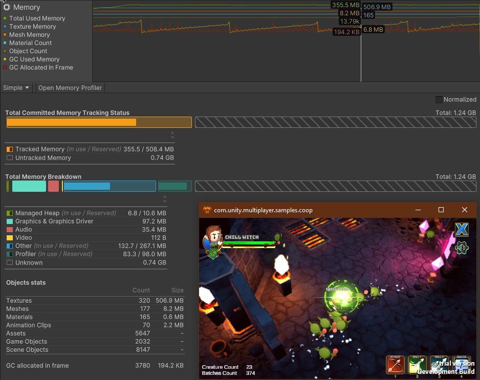 A module sowing the distribution of memory in the selected frame
