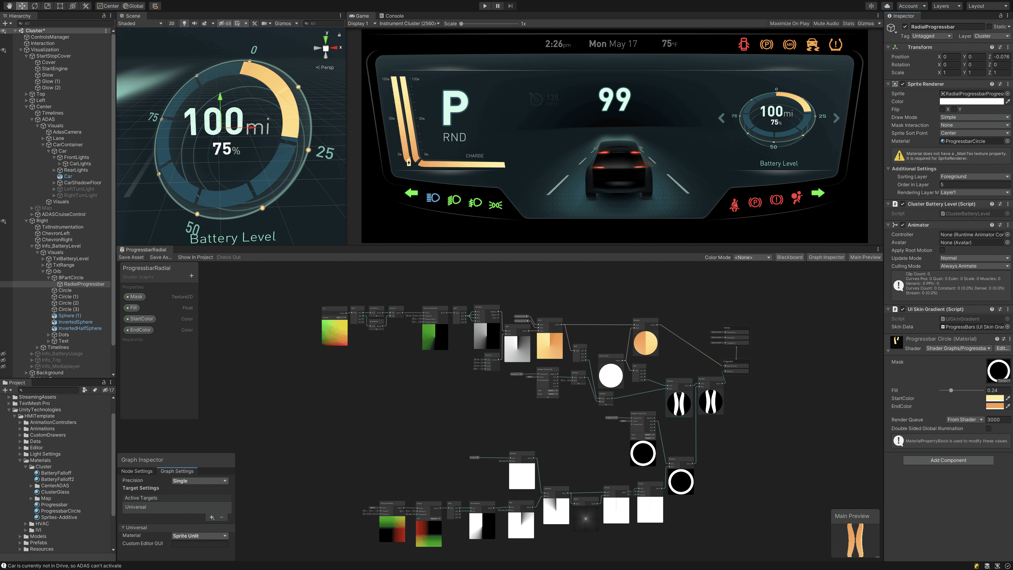 Car interface developed in unity showing speed, light levels, and heat