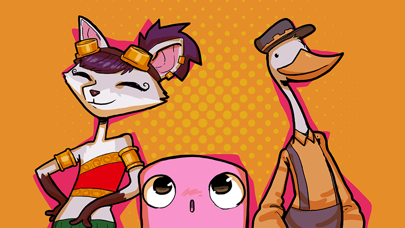 A vibrant, 2D stylized illustration of three unique cartoon characters—a fox, a pink blob, and a goose—against an orange polka-dot background.